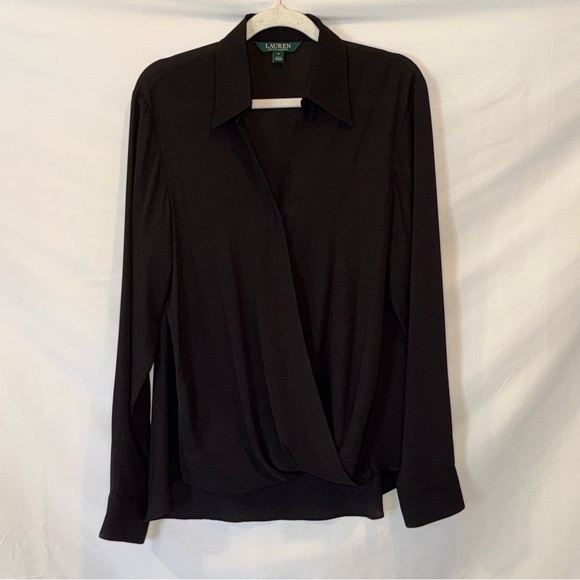 Ralph Lauren Tops - Lauren Ralph Lauren Black Draped Surplice V-Neck Collared Blouse M EUC Top